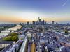 View of Frankfurt's New Old Town, the River Main and the skyline from St. Bartholomew Cathedral in sunshine and blue sky.