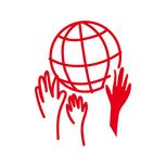 Abstract drawing in red of a globe and outstretched arms in different shades.