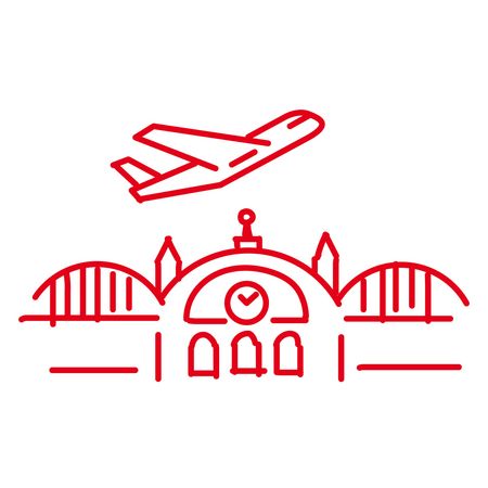 Abstract drawing in red of the historic railway station building in Frankfurt and an airplane flying above.