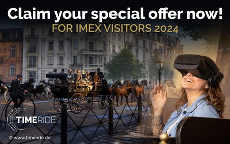 Woman with VR glasses experiencing historic Frankfurt with a carriage ride and the words 'Claim your special offers now'