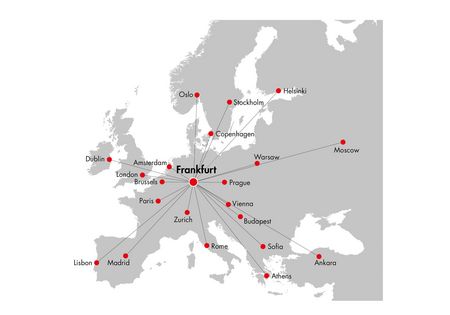 Zeichnung einer Europakarte, welche die Flugdistanzen zwischen Frankfurt und anderen europäischem Städten zeigt. 