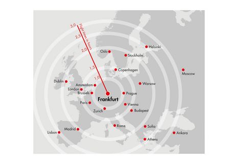 Drawing of a map of Europe showing the flight times between Frankfurt and other European cities. 