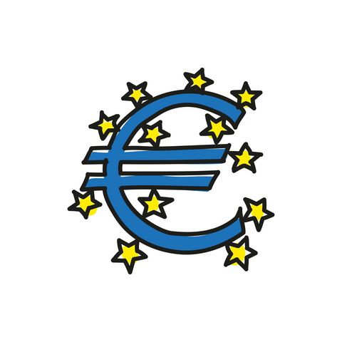 Abstrakte Zeichnung in Farbe von dem Eurozeichen, das in Frankfurt am alten Standort der Europäischen Zentralbank zu finden ist.