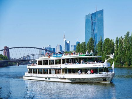 Ship of the Primus Line on the Main with the Frankfurt skyline and blue sky in the background.